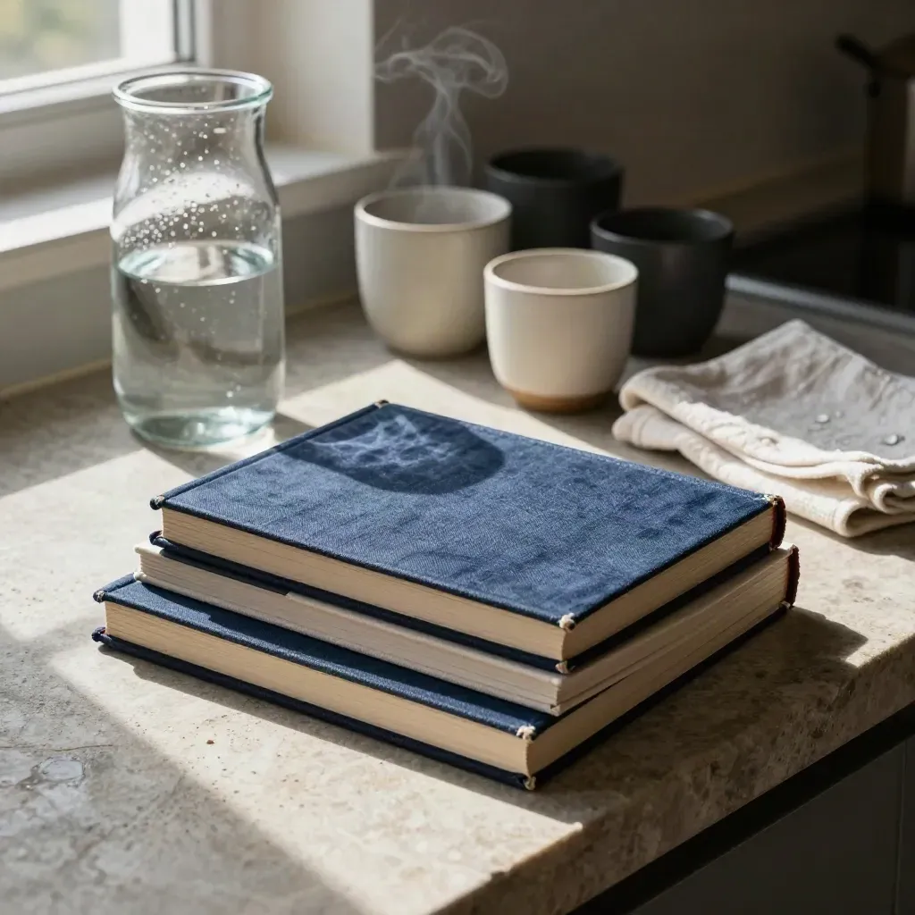 Closed eco guidebooks, water jar, ceramic cups, and towel on a stone kitchen counter in warm light