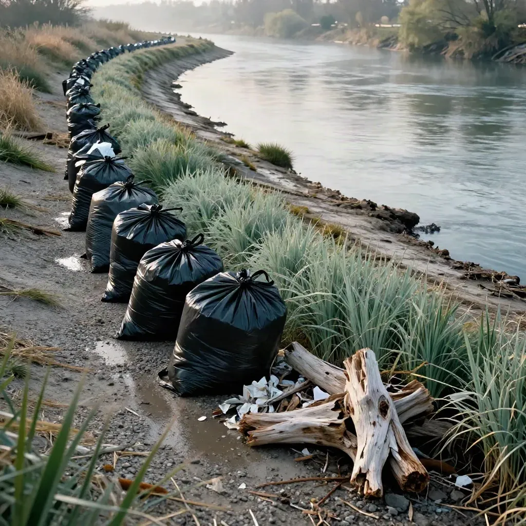 Cleaned riverbank with trash bags ready for pickup and fresh grasses at dawn