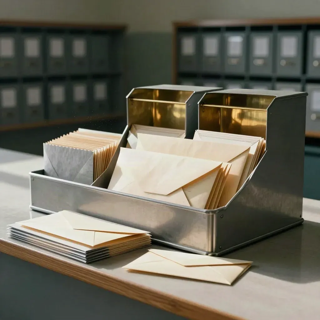 Overflowed civic mail tray with cream reply envelopes and stacked reply bins in soft daylight