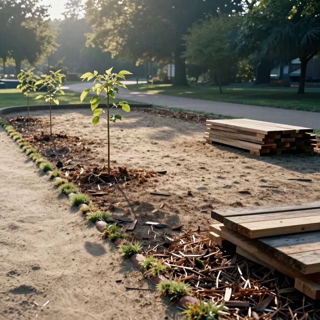 Saplings, mulch rings and cedar boards in a restored park trail in warm late-afternoon light