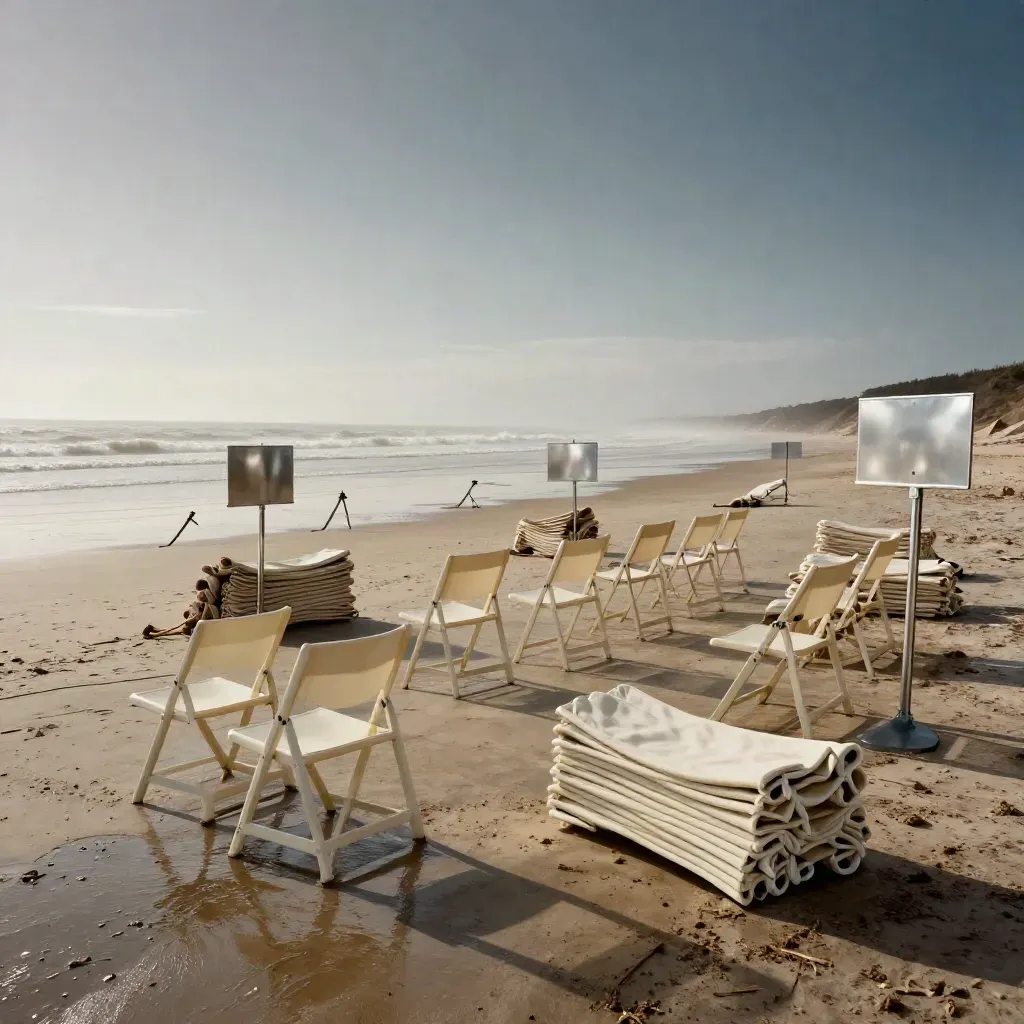 Empty beach event setup with chairs, canopies, and sign holders at low tide
