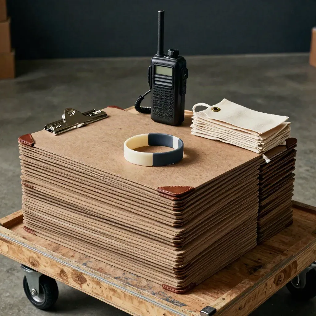 Volunteer dispatch kit with clipboards, wristbands, radio, and tote tags on a supply cart.