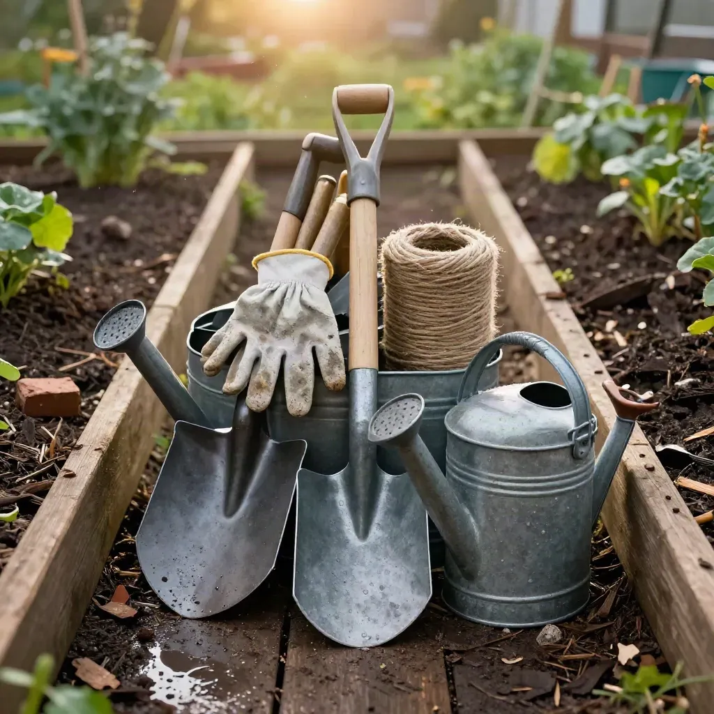 Centered garden tool corral packed with spades, gloves, watering cans, and mulched beds.