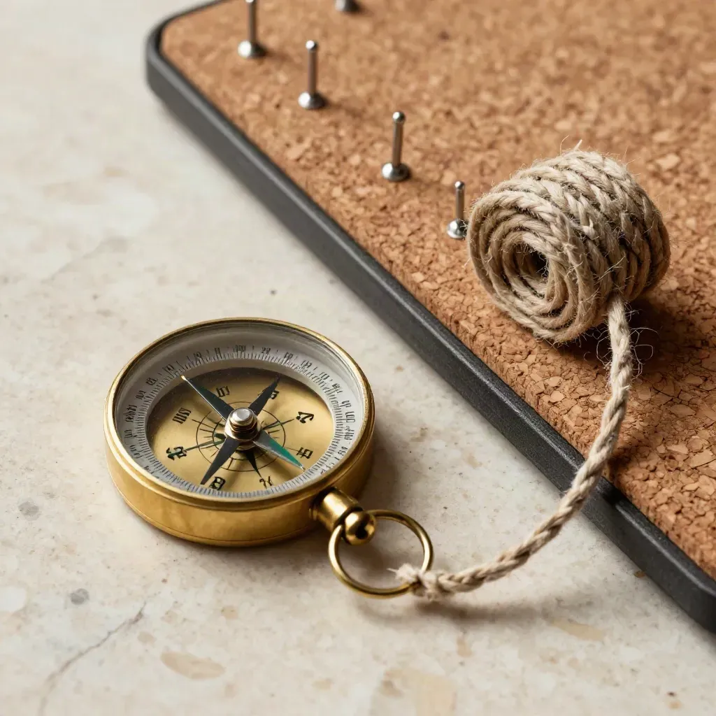 Brass compass, cork pegs, and a rolled route cord on travertine in rim light.