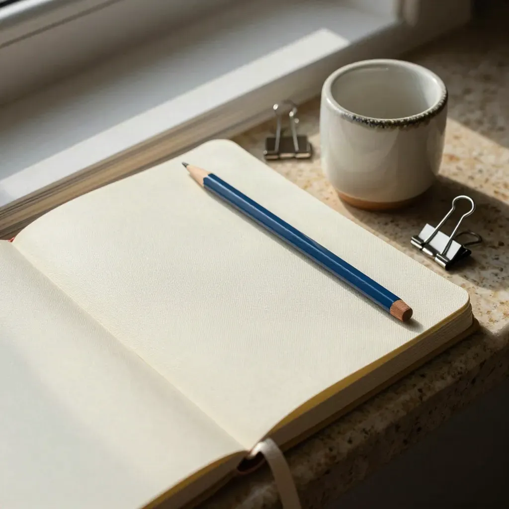 Closed cream notebook, blue pencil, ceramic cup, and proofing clips on a textured ledge.