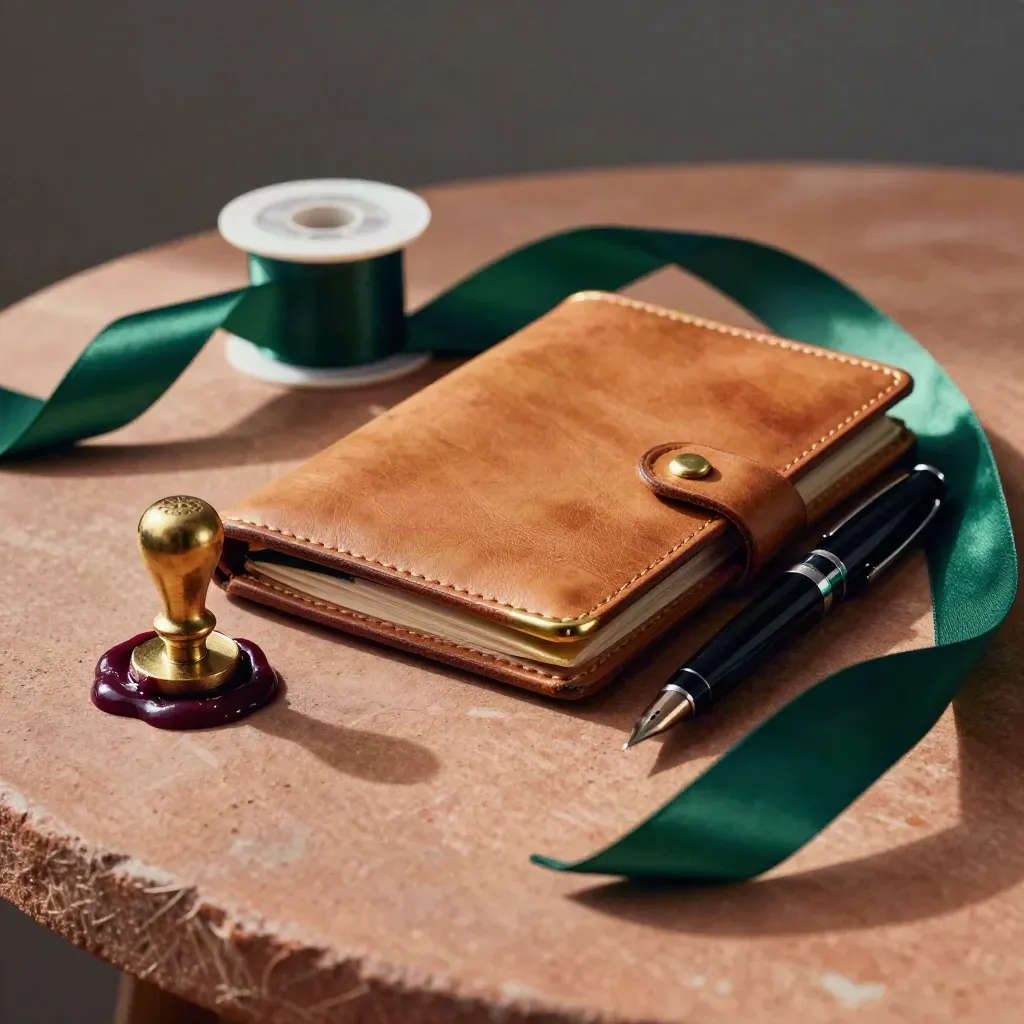 Leather portfolio, fountain pen, wax seal set and ribbon spool on terracotta stone, warm light