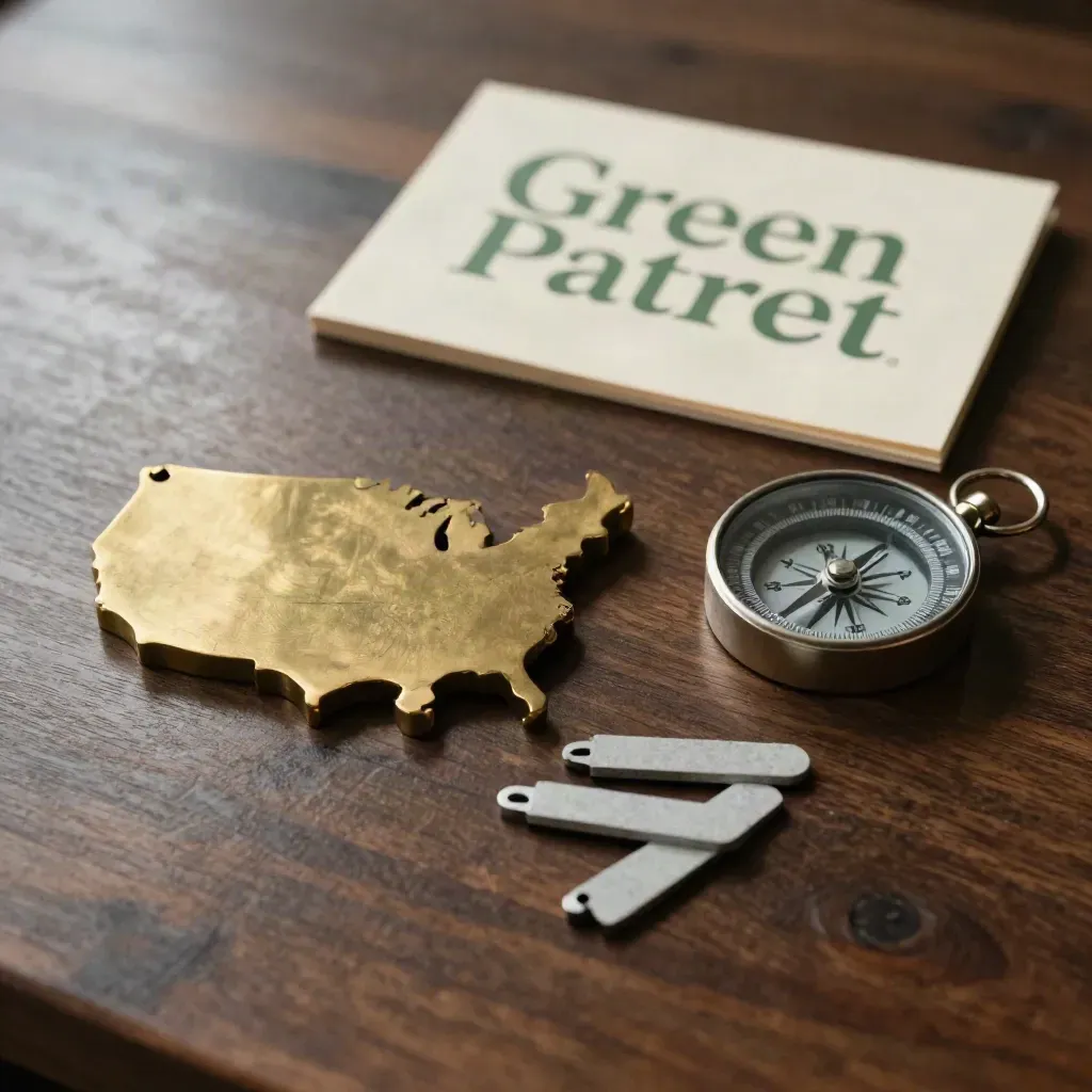 Brass state markers, a stone compass, and blank route pegs on a dark walnut desk in soft side light