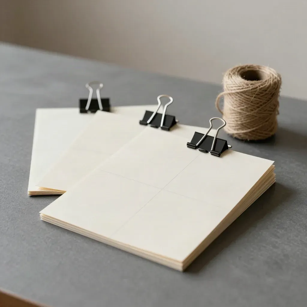 Cream planning cards, binder clips, and twine spool on a graphite tabletop, softly side lit.