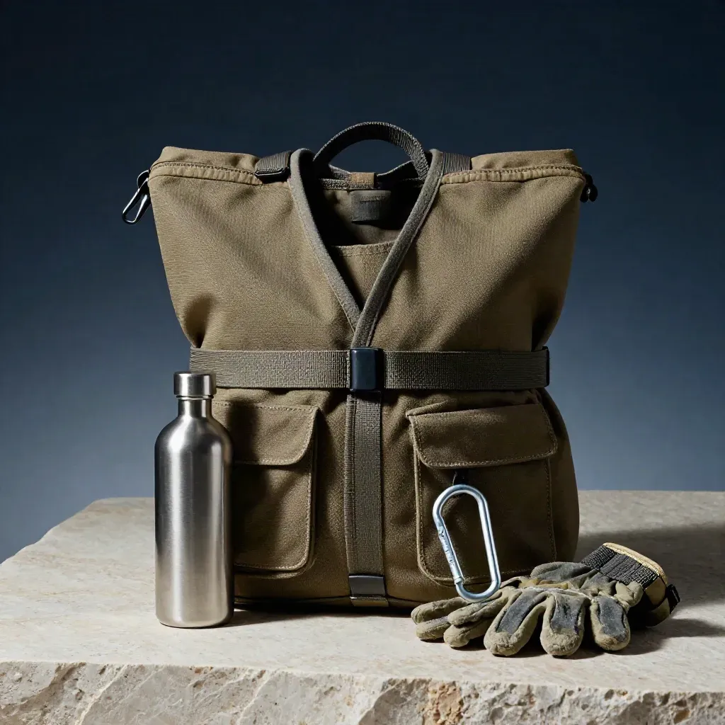 Waxed canvas launch kit with gloves, bottle and carabiner on pale stone, softly lit.
