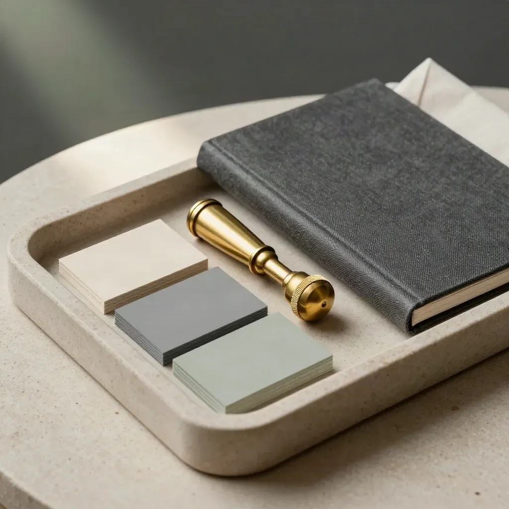 Brass tally clicker, muted tabs, and closed ledger in a stone tray on a neutral surface.