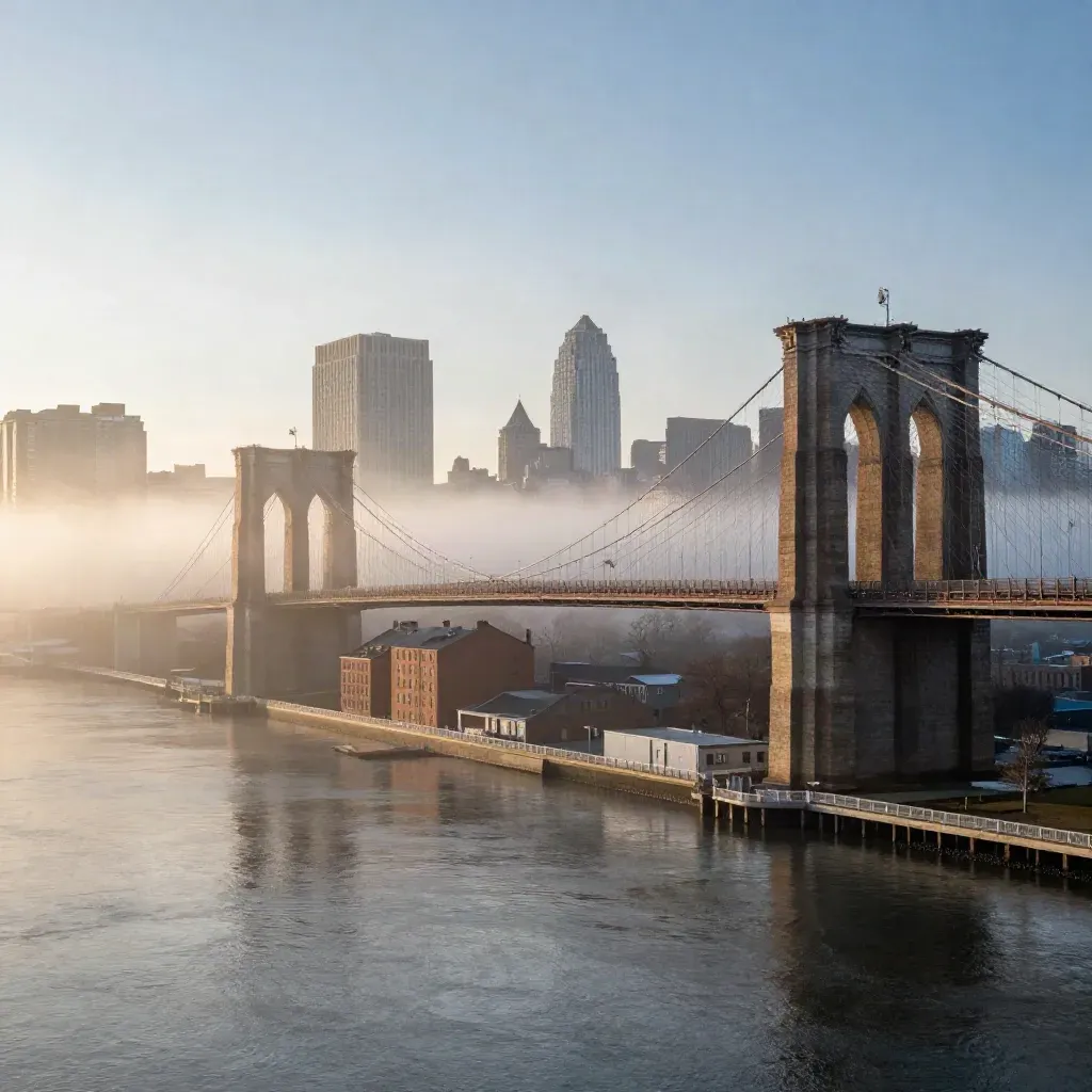 Misty Northeast Corridor skyline and bridge towers above a rain-wet river at sunrise.