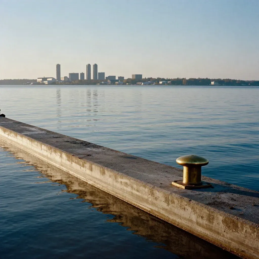 Hazy Great Lakes shoreline with breakwater, steel water, and a low skyline at late afternoon
