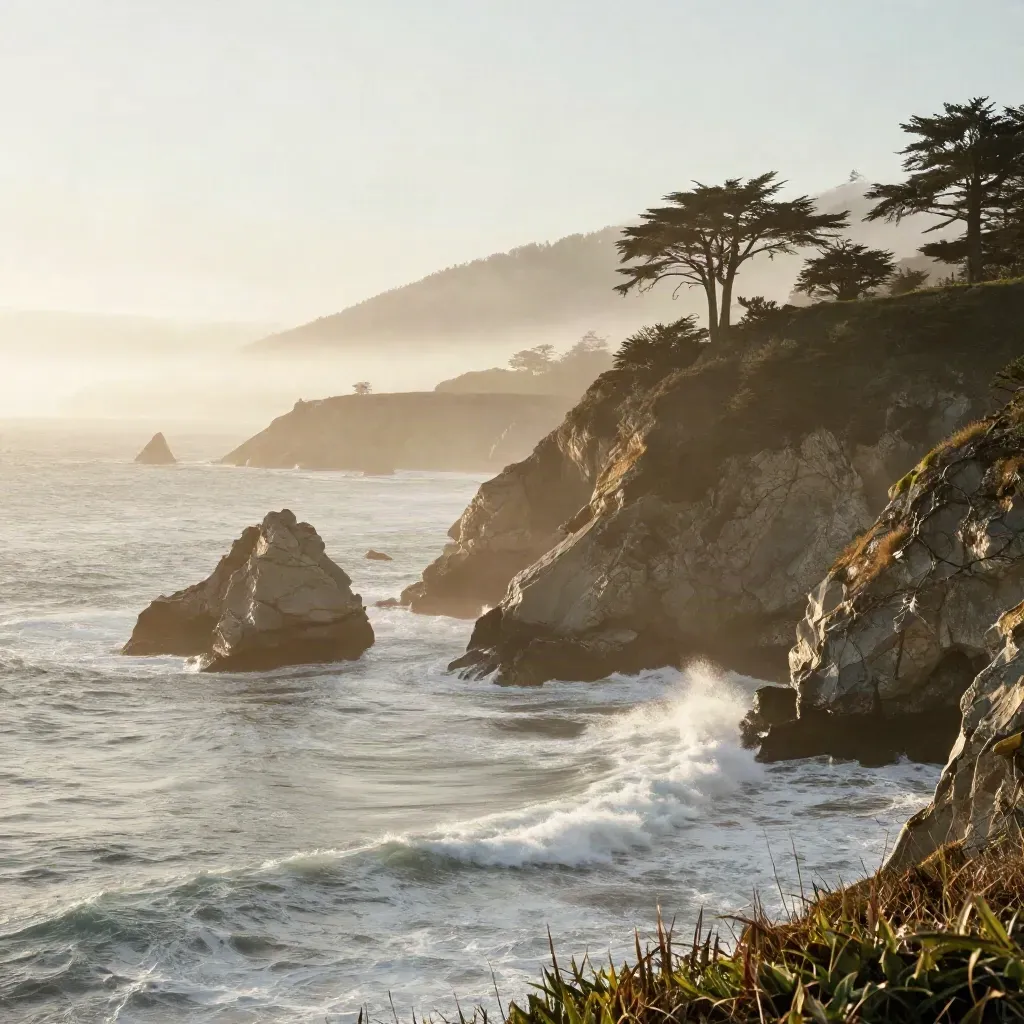 Golden Pacific Coast cliffs, cypress silhouettes, fog, and surf-white water at sunrise.