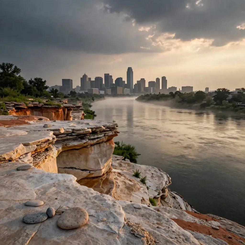 Texas skyline over limestone riverbanks at sunset after storm, calm copy space below.