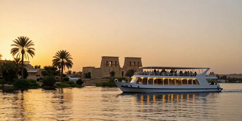 Lake Nasser Cruise at sunset, luxury boat anchored near Nubian temples.