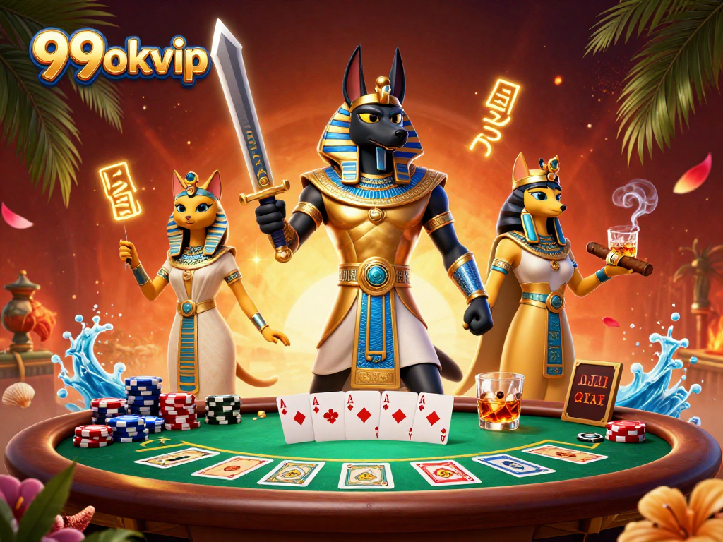 99okvip showcases an action-packed poker scene with Anubis and Bastet amidst vibrant game elements.