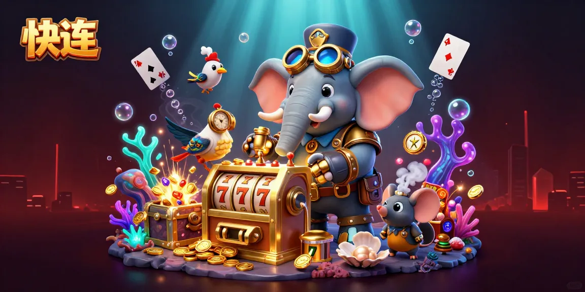 快连 takes you on a thrilling slot adventure with a cartoon steampunk elephant at the controls of golden reels, surrounded by treasure.