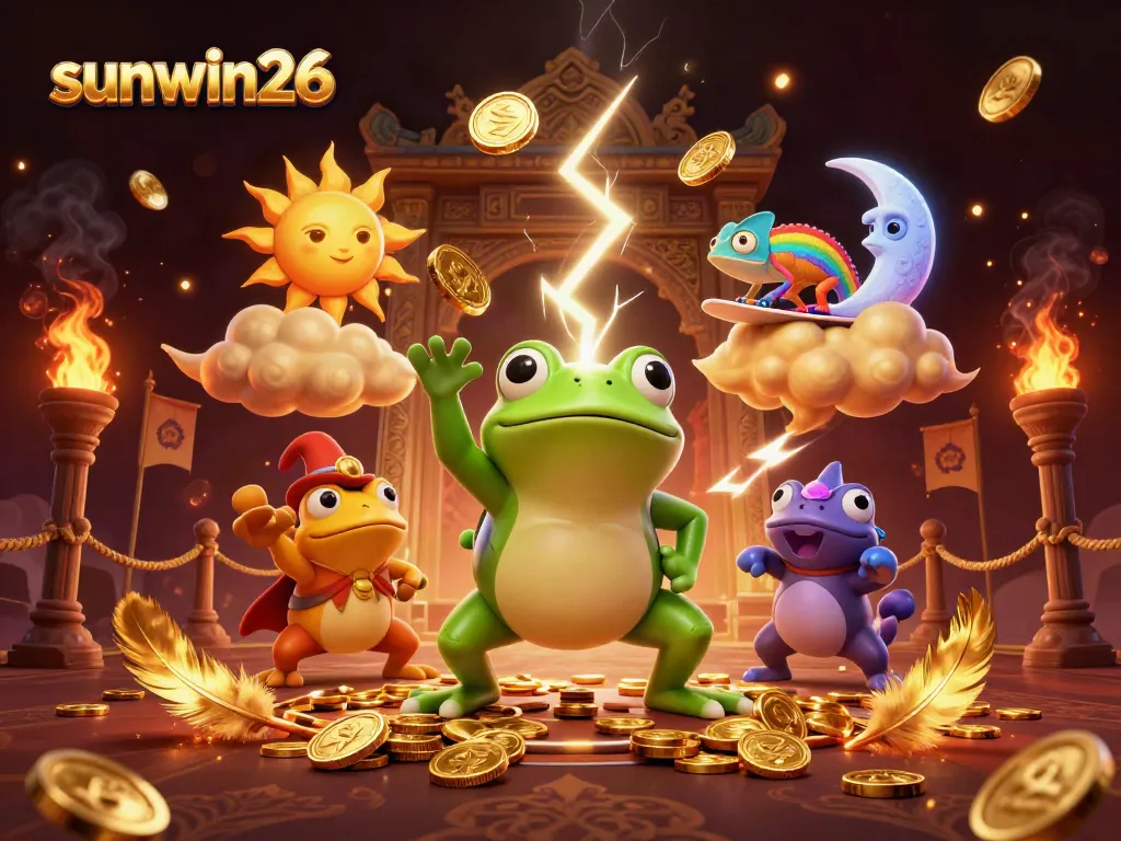 Experience thrilling gameplay at sunwin26 with a wizard frog, chameleon, and gold coins in a dynamic casino atmosphere.