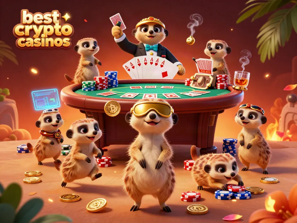 Action-packed scene showcasing the best crypto casinos with meerkat characters handling Bitcoin gaming operations.