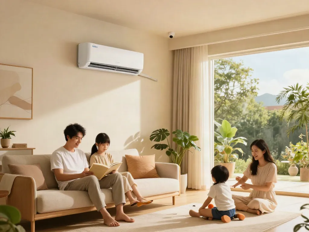 12000 btu mini split cooling a family living room, showcasing comfort and modern home technology.