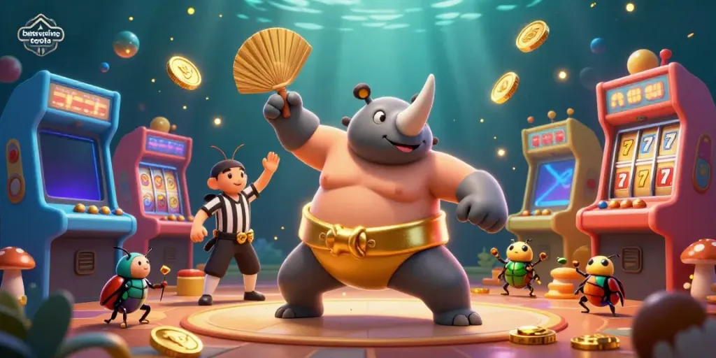 Experience the thrilling world of batterycrimpingtools with a dynamic illustration featuring a sumo champion beetle amidst casino elements.