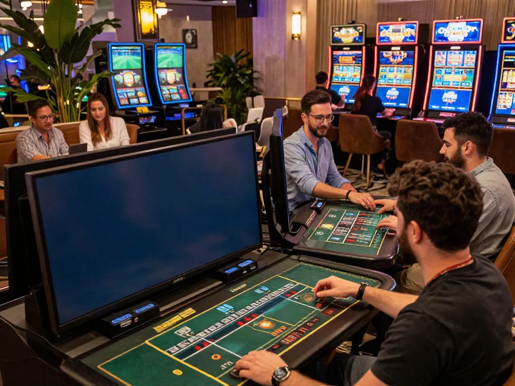 Exciting scene of friends using the Gem88 platform in a modern gaming lounge.