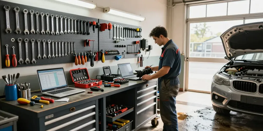 Technician using KS Tools in a professional automotive workshop.