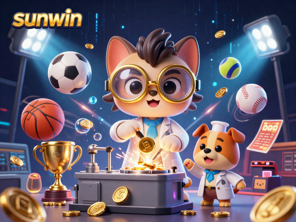 Engage with sunwin's dynamic casino experience, showcasing a mad scientist cat and his dog companion in a vibrant gambling lab.