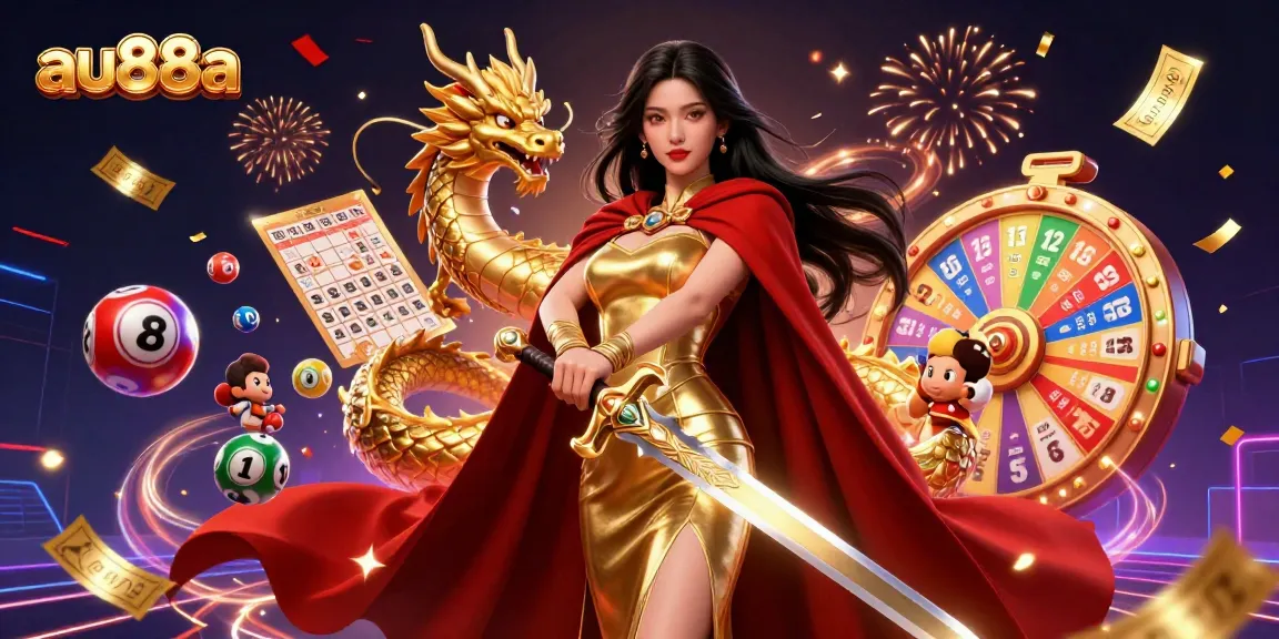 Engage in thrilling game dynamics at au88a with vibrant lottery balls and a majestic warrior queen.