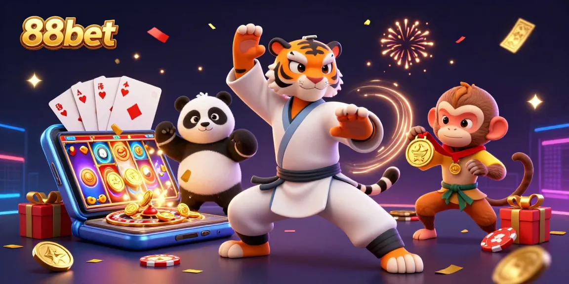 Engage in thrilling gameplay at 88bet with a vibrant casino scene featuring a kung fu tiger and playful characters.