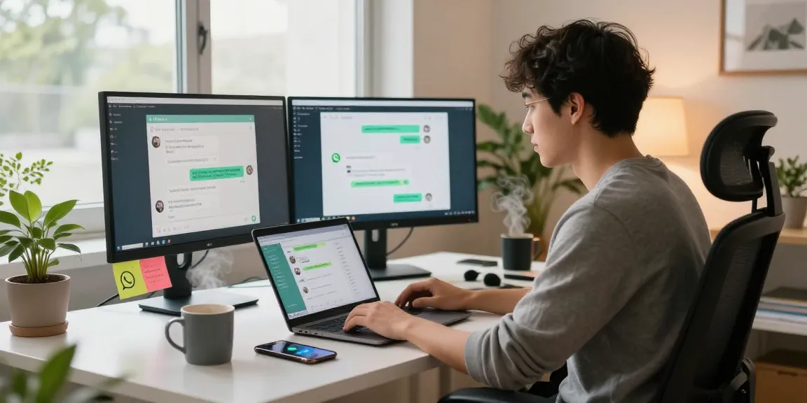 Using WhatsApp電腦版 in a bright home office with dual monitors and a laptop.