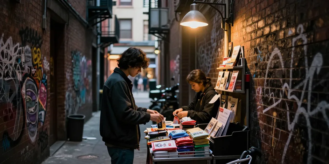Person discreetly buying brown heroin online in dimly lit urban alley, showcasing street culture and lifestyle choices.