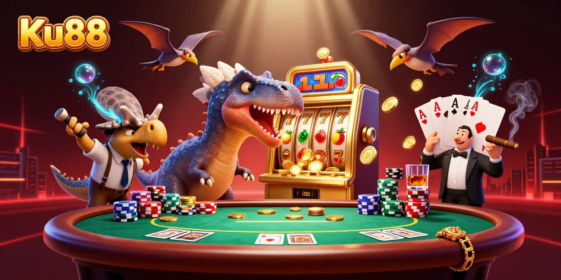 Ku88 casino adventure with vibrant dinosaurs winning jackpots from golden slot machines