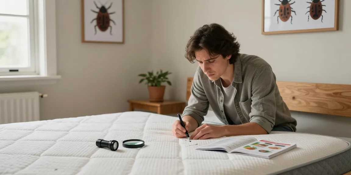 Homeowner practicing bed bug pest control in cozy bedroom, inspecting mattress and tools.