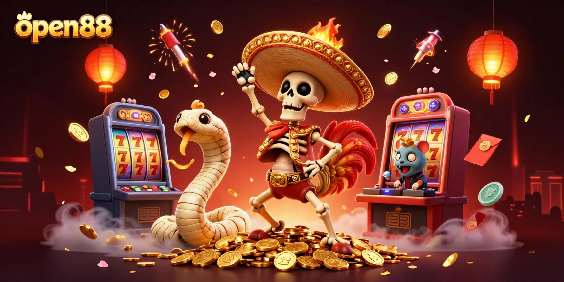 Enjoy thrilling gameplay and big wins with open88's vibrant gaming scene featuring celebratory characters and casino elements.