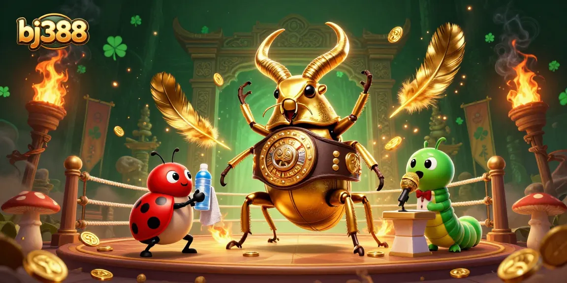 Experience thrilling bets with bj388 in an electrifying illustration featuring a giant stag beetle boxing champion.