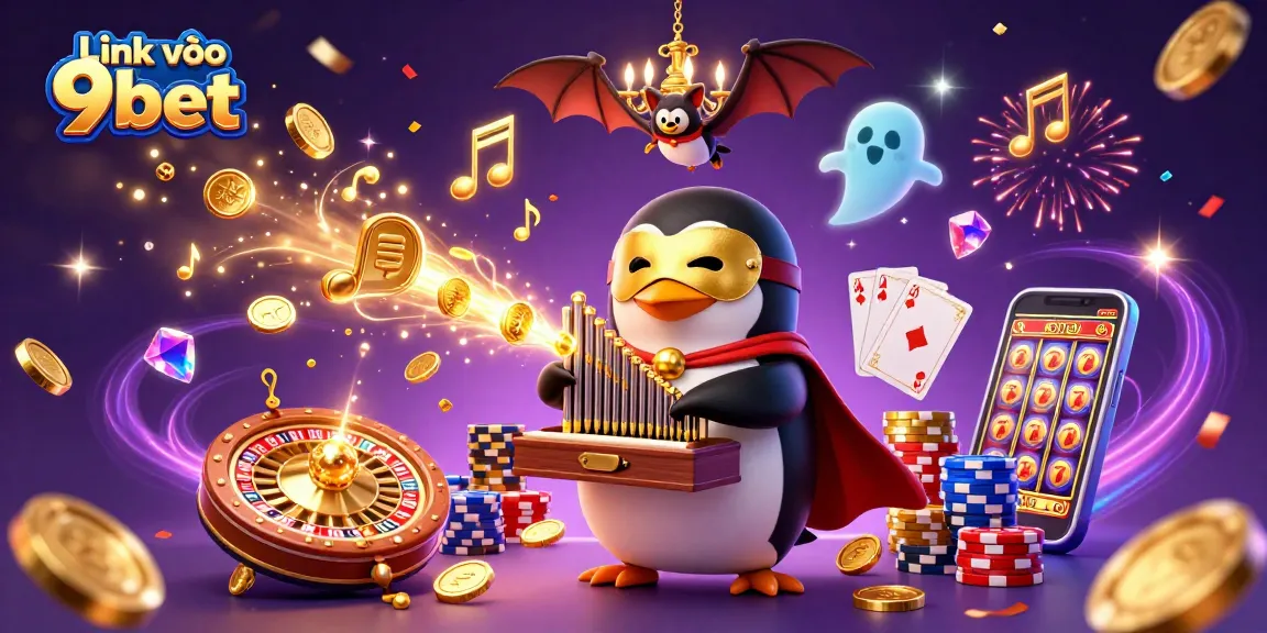 Spin and win with Link vào 9bet featuring a penguin, bat acrobat, and dazzling casino elements.