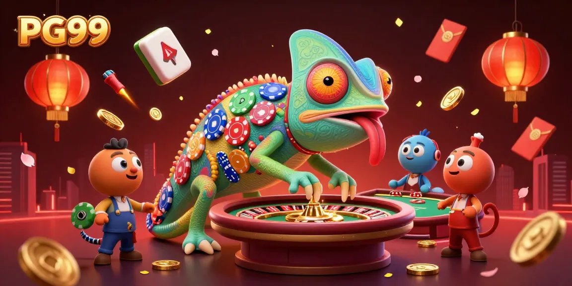 Experience thrilling gaming action at PG99 with vibrant casino elements and a colorful chameleon host.