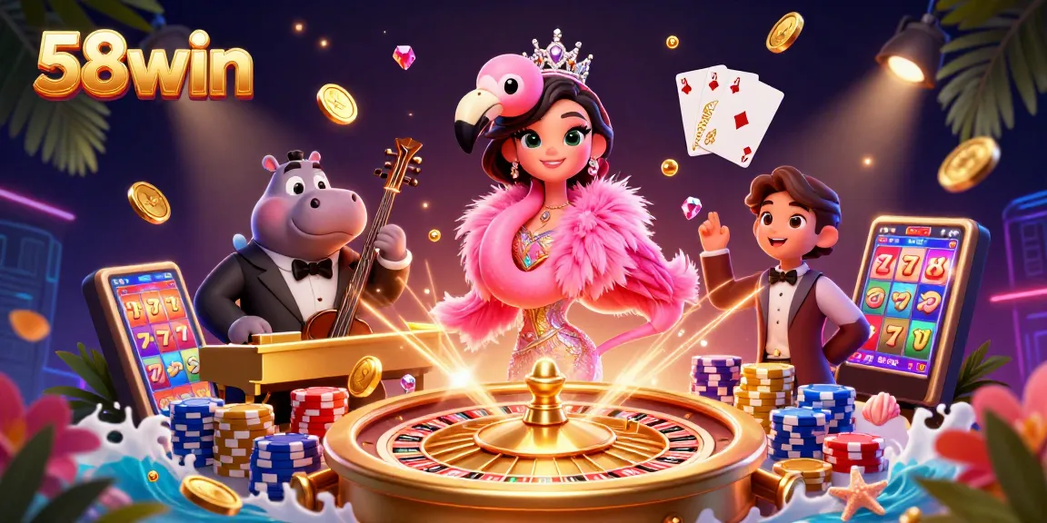 Experience the excitement of 58win with a vibrant casino scene featuring cascading coins and dynamic games.