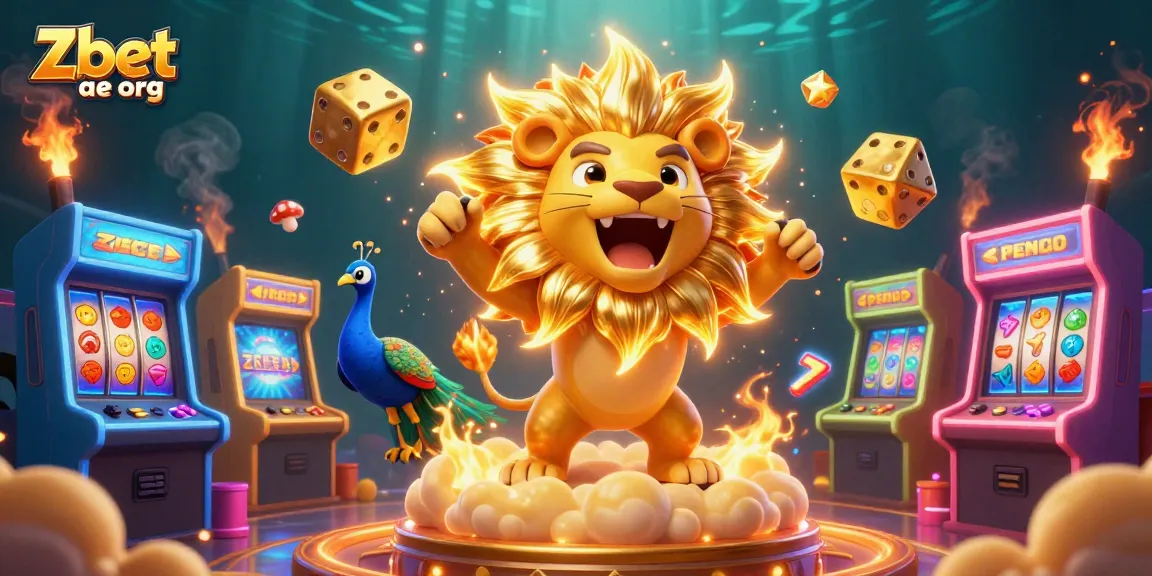 Experience vibrant gameplay at Zbet ae org with a 3D lion, dice, and colorful casino-themed elements.