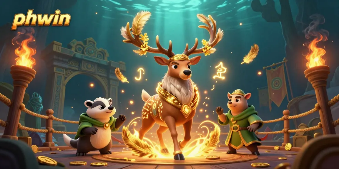Experience the thrilling ambiance of phwin's vibrant gaming world with a majestic druid stag, wise badger, and glimmering elements.