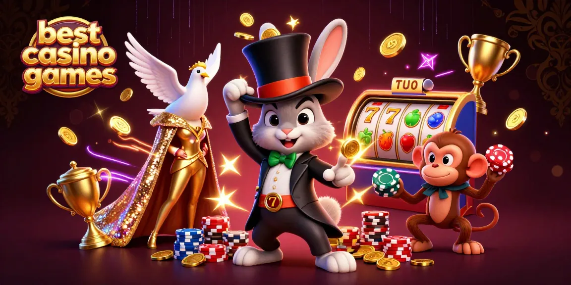 Engage with the best casino games as a magician rabbit pulls coins amidst vibrant slot reels and poker themes.