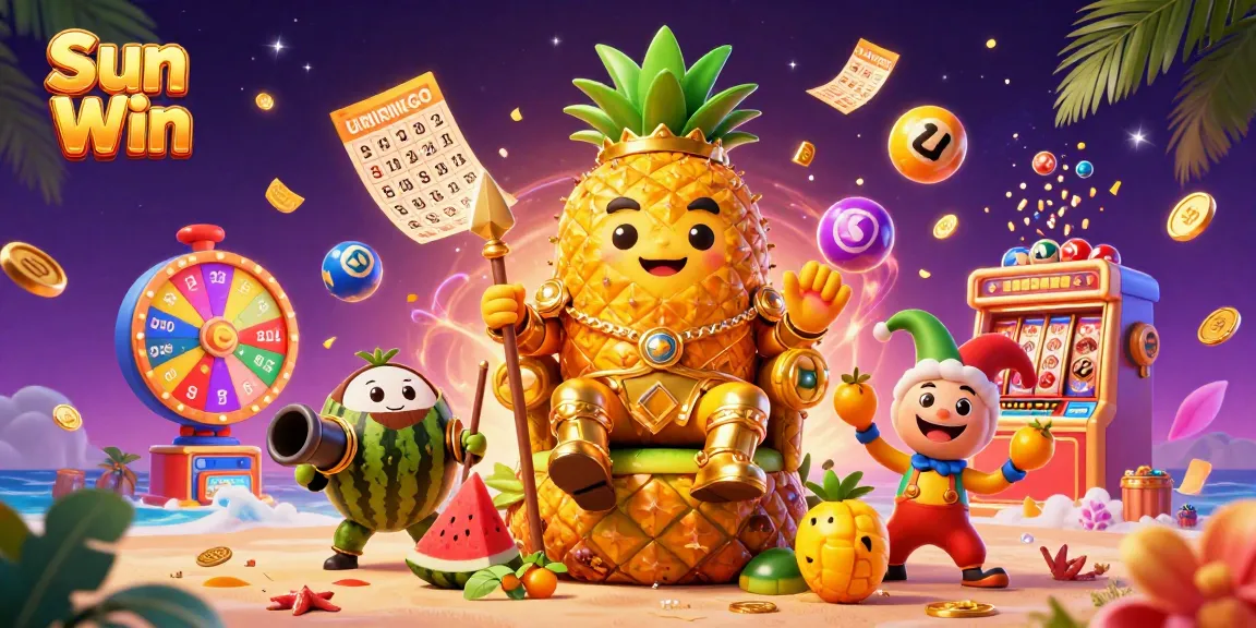 Engage in thrilling casino experiences with Sun Win's vibrant illustration depicting games, golden prizes, and lively characters.