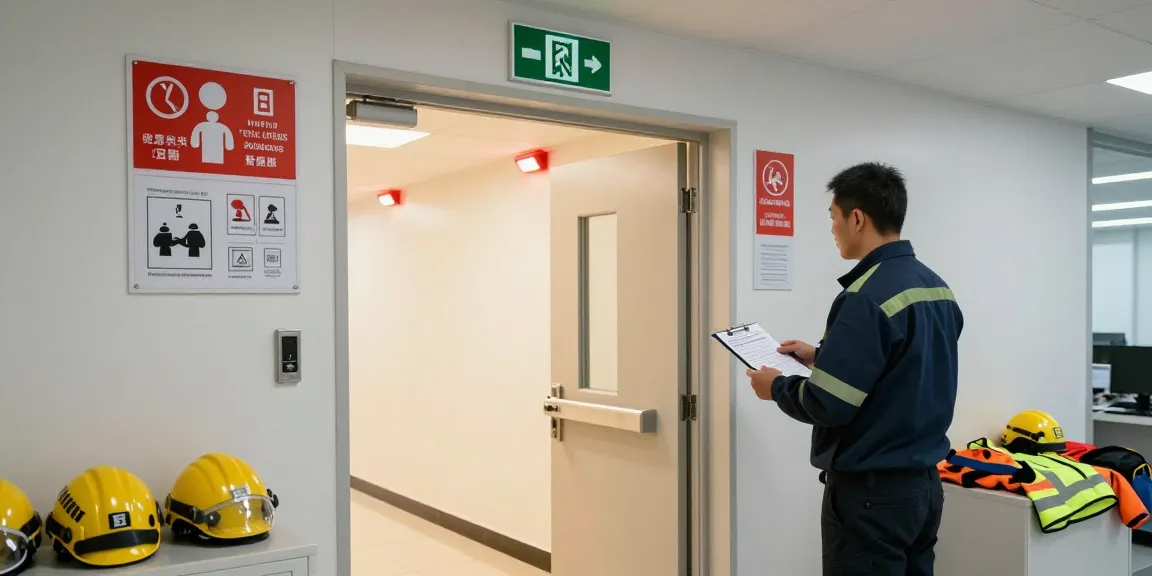 Technician inspecting an exit door with panic bar for safety compliance.