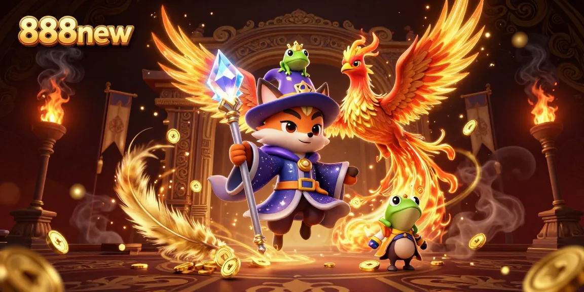 Spin to win with 888new, gaming symbols whirling around a majestic wizard in a vibrant casino world.