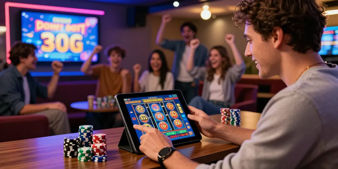Penggemar slot online bersemangat bermain di tablet, dikelilingi suasana kasino modern.