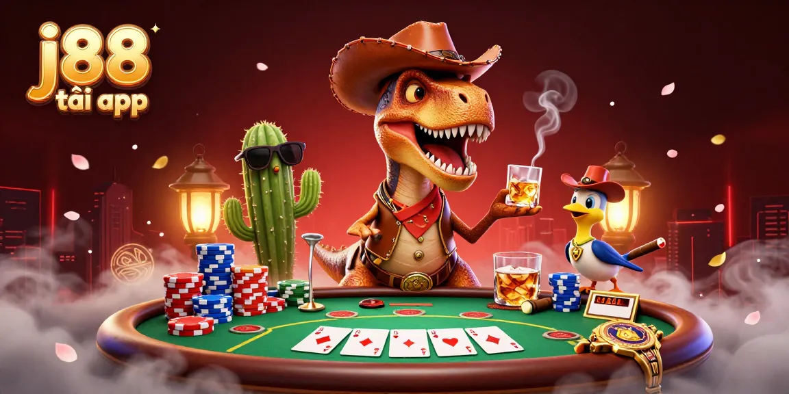 Experience thrilling gameplay with j88 tải app, featuring decorated poker champions in a vibrant 3D scene.