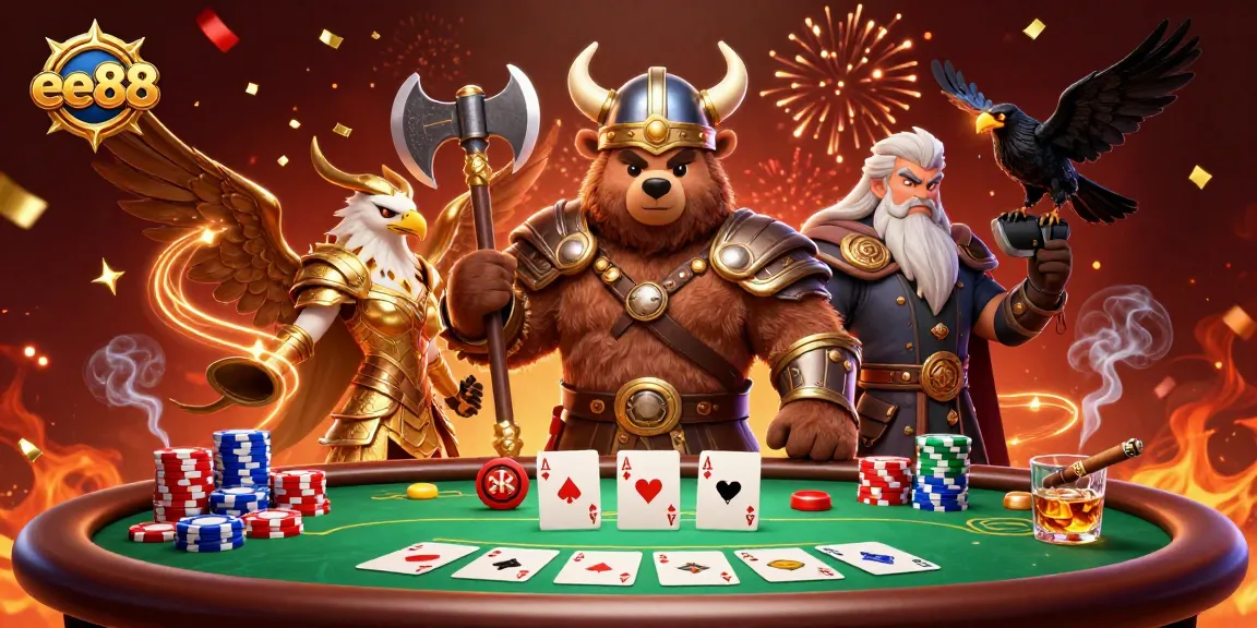 Experience ee88 excitement at a vibrant poker table with dynamic characters and festive energy.