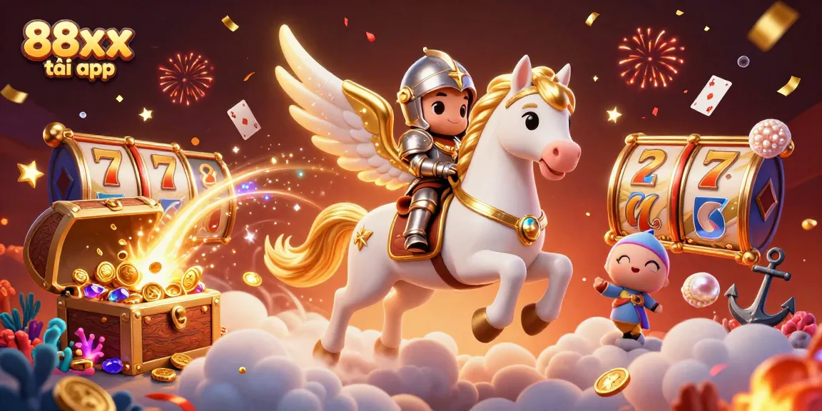 Engage with thrilling wins using 88xx tải app, featuring a celestial horse and knight in a vibrant casino world.