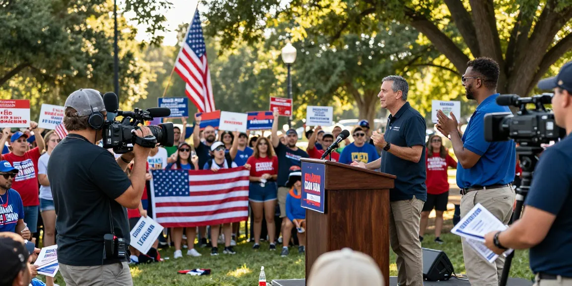 Casey Askar speaking at a political rally, engaging enthusiastic supporters with campaign signs in a vibrant community setting.
